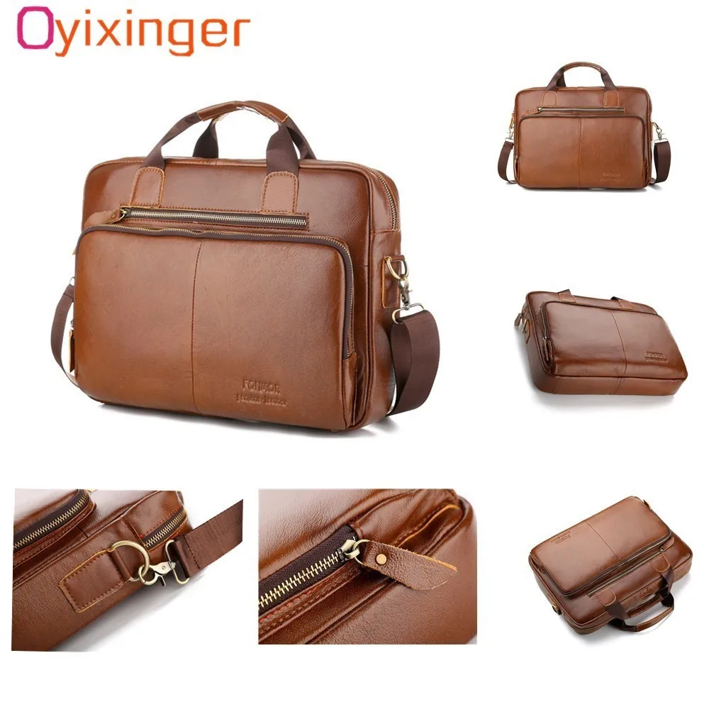 

New 2019 Briefcase Business Men Genuine Leather Handbag 15 Inch Laptop Leather Tote Bag Brown Bag Lawyer Computer Shoulder Bags