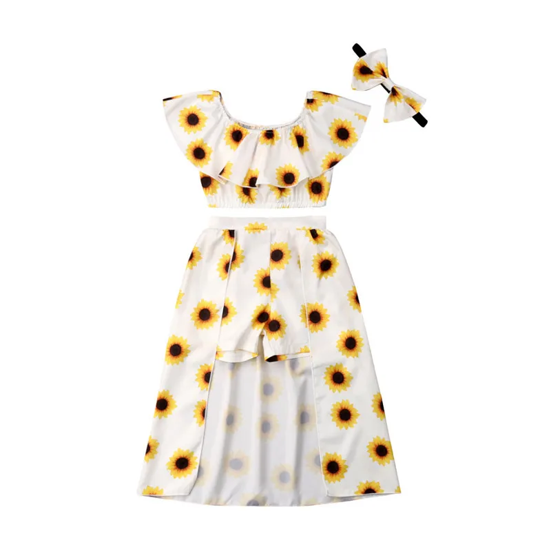 

Lovely 3Pcs/set Kid Baby Girl Summer Clothes Sleeveless Off Shoulder Ruffles Crop Topt+Shorts+Headband Sunflower Printed Outfits