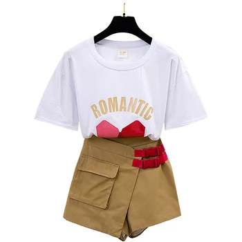 

love letter print summer suit new cotton T-shirt irregularly divided skirts shorts overalls two pcs casual suits vestidos women