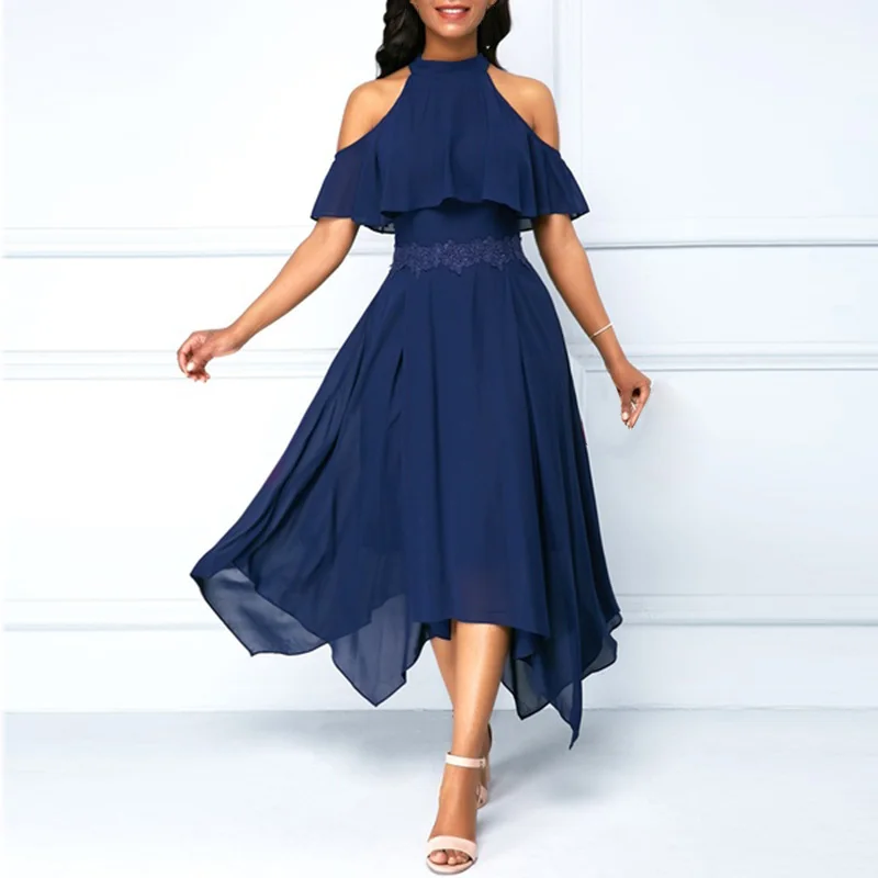 

Womens Solid Dress Party Cocktail Cold Shoulder Knee Length Casual Elegant Eveni