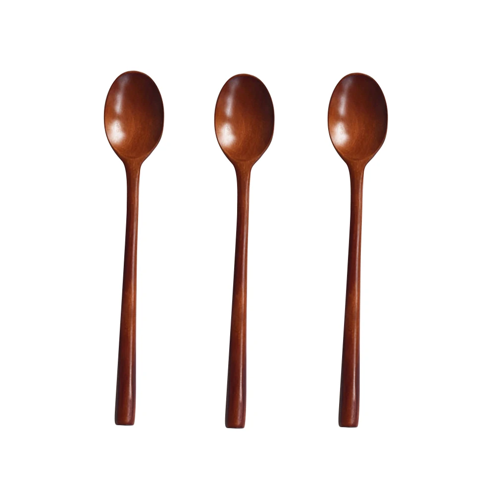 

3pcs Long Handle Wooden Spoons Natural Texture Thin Handle Soup Spoons