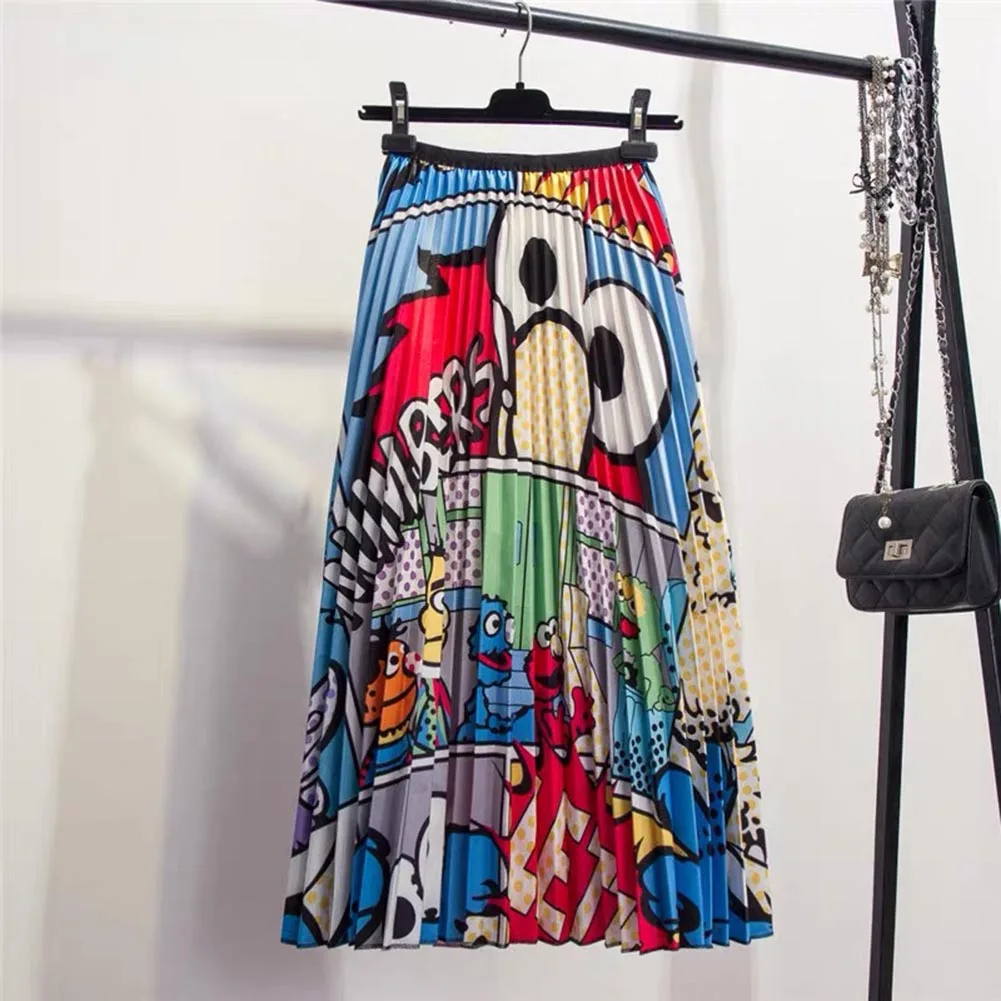 

Funny Women's Cartoon Animal Pattern Long Pleated Skirts 2019 Summer Bohemian Printed High Waist Large Party Club A-Line Skirts
