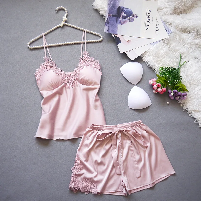 

Summer 2019 Modis Fashion Women Lace Silk Pajamas Deep V Bow Belt Top+shorts Lingerie Pad Removable 2 Piece Women Sexy Pajamas