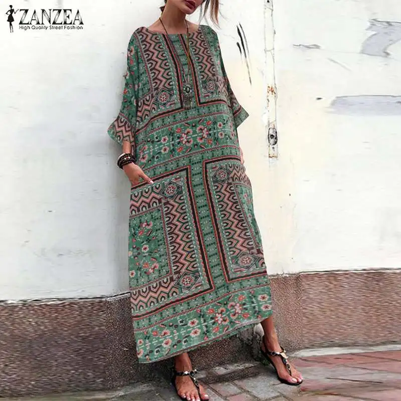 

2019 ZANZEA Bohemian Summer Sundress Women'Vintage Print Maxi Long Dress Casual Baggy Vestidos Party Cotton Linen Dress Kaftan