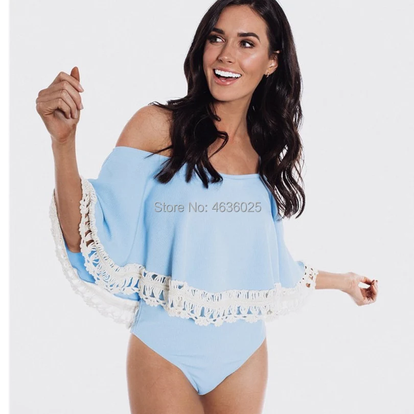 

2019 Sexy Off Shoulder Solid Swimwear Women Lace Patchwork One Piece Swimsuit Female Bathing Suit Ruffle Bandeau Monokini Black