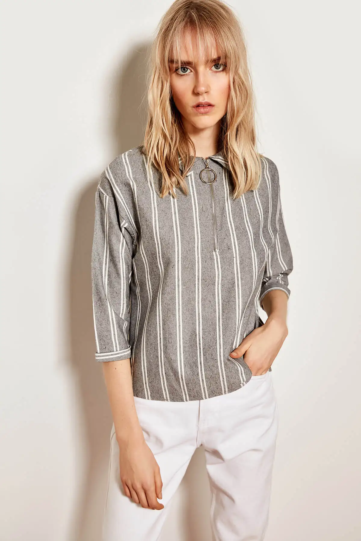 Trendyol Detailed Zipper Gray Shirt TCLAW19GK0011in Blouses & Shirts
