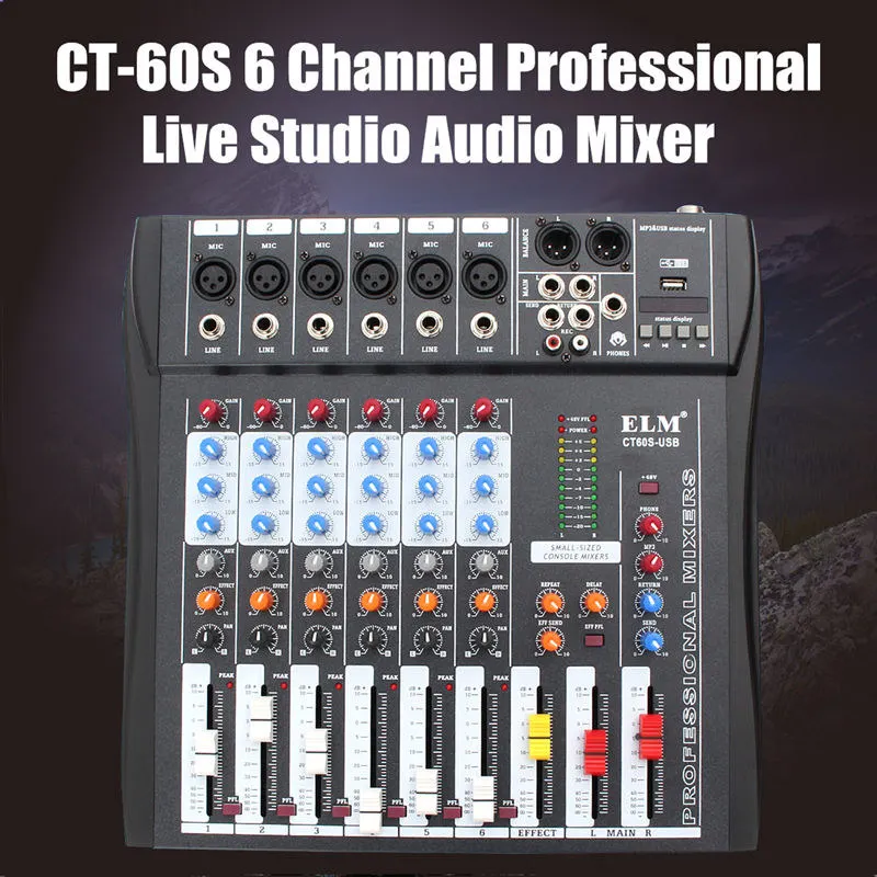 

LEORY 48V 6 Channel Audio Sound Karaoke Mixer Phantom Power Controller DJ Mixing Amplifier Console USB Microphone Professional