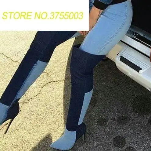 

Sexy Point Toe Ladies High Heel Boots Light/Dark Blue Denim Patchwork Women Over The Knee Boots Zipper Side Spring Fashion Boots
