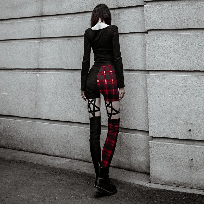 HOUZHOU 2019 Spring Summer Women High Waist Gothic Pants Punk Rock Hollow Out Pentagram Pencil Trousers Skinny Patchwork Slim HOUZHOU 2019 Spring Summer Women High Waist Gothic Pants Punk Rock Hollow Out Pentagram Pencil Trousers Skinny Patchwork Slim