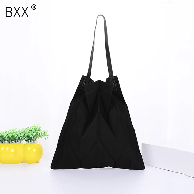 

[BXX] 2019 Woman Concise Bouffancy Canvas High Capacity Pleated Shopping Bag Convenient Foldable Shoulder Bag Handbag LM812