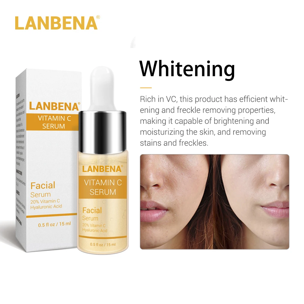 

LANBENA Vitamin C Whitening Serum Hyaluronic Acid Face Cream Remover Freckle Speckle Fade Dark Spots Anti-Aging Skin Care 15ML