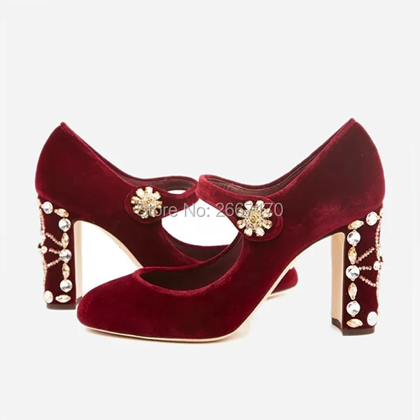 

Retro Mature Black Green Burgundy Velvet Shoes Woman Party Wedding High Heels Beaded Pumps Rhinestone Studded Crystal Mary Janes