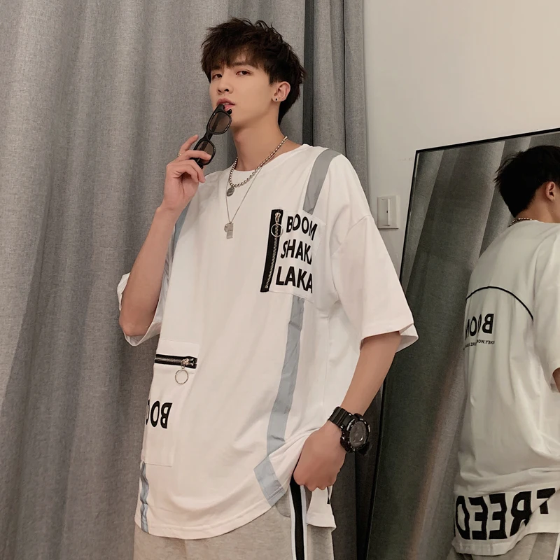 

Men's T-shirt 2019 summer new cotton round neck short-sleeved T-shirt personality stitching reflective strip youth men's wear