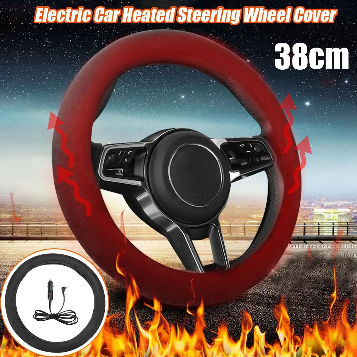 

38cm 12V Electric Car Steering Wheel Cover Washable Heated Lighter Plug Warmer Winter Steering Covers Car Accessories