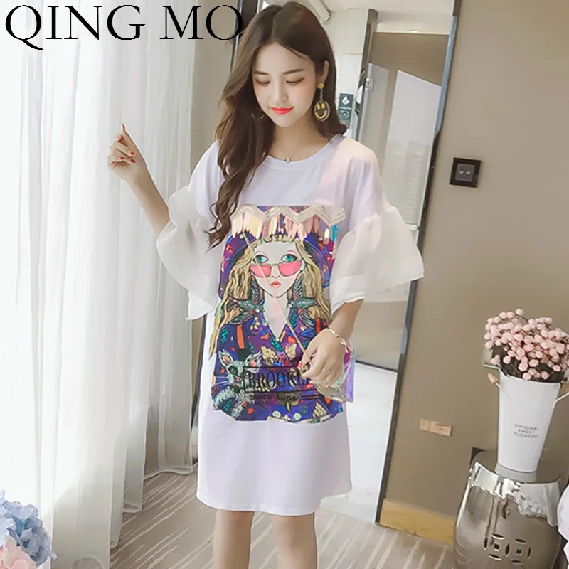 

QING MO Beauty Girl Pattern Women Sequin Dress 2019 Plus Size Summer Women Flare Sleeve Dress White AD1309A