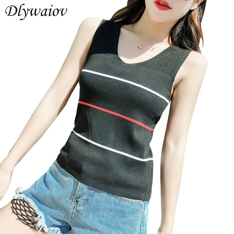 

Women Tops Summer knitting Sleeveless Vest Fashion Female Stripe Knitting Micro Elasticity Slim V Collar Sexy Women Camisole