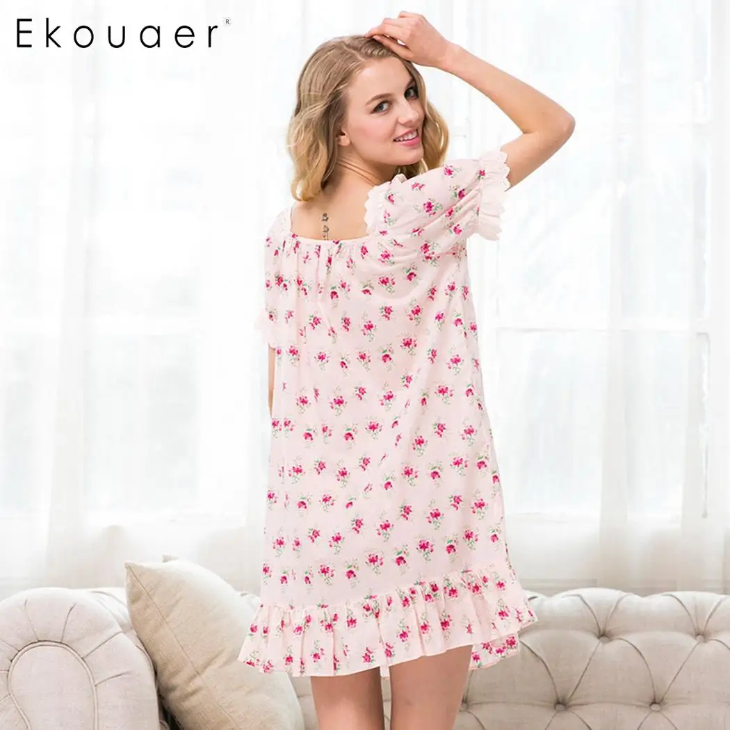 Ekouaer Женская хлопковая ночная рубашка с квадратным воротником и коротким рукавом