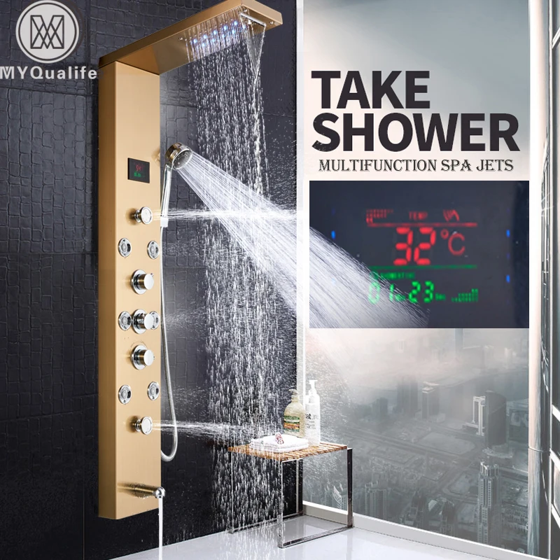 

LED Light Bath Shower Panel Golden Waterfall Rain Shower Column Faucet 3 Handle Digital Temperature Screen Shower System Mixer