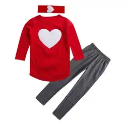 3 шт. комплект одежды для девочек весенние детские теплые милые сердцу топы леггинсы повязка с длинным рукавом Повседневная одежда