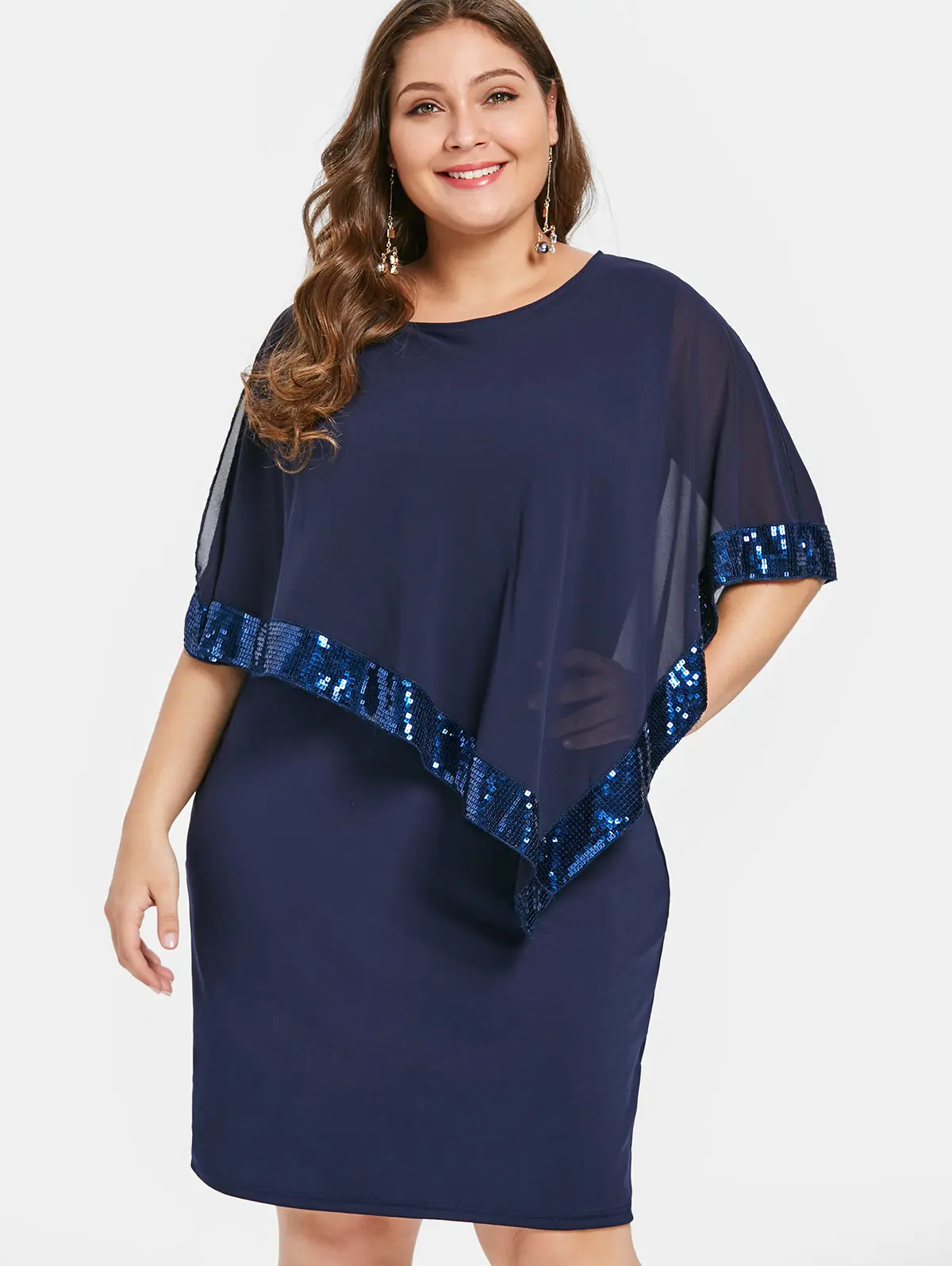Wipalo Plus Size Sequin Embellish Dress Casual Solid Cloak Sleeves Knee