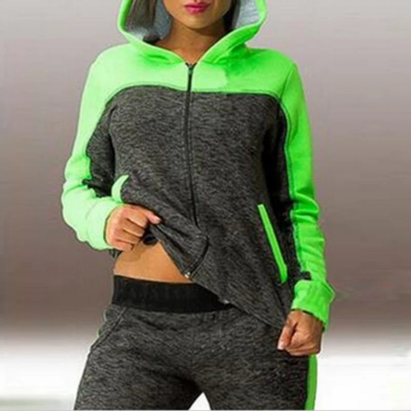 

Winter Women Sports Set 2 Piece Spring Tracksuit Women Patchwork Hooded Zipper Sport Suits Sweatpants Jogging Fitness Suits