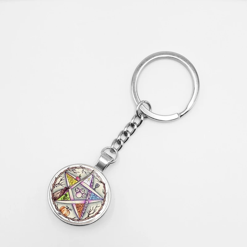 

2019 /fashion New Hot Esoteric Pentagram Star Key Chain Retro Wicca Star Life Tree Glass Pendant Chain Key Ring Handmade Jewelry