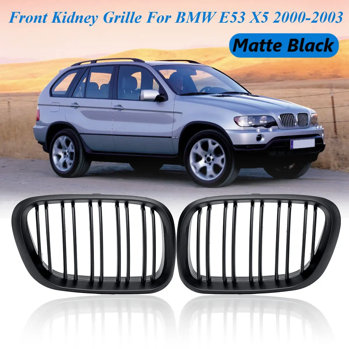 

Racing Grills Pair Matte Black Front Kidney Grille Grills Double Slat For BMW E53 X5 2000 2001 2002 2003 Car Styling