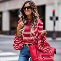 Осень Для женщин Flare с длинным рукавом красный Рубашка в полоску Повседневное шею блузка пуловер Блузка