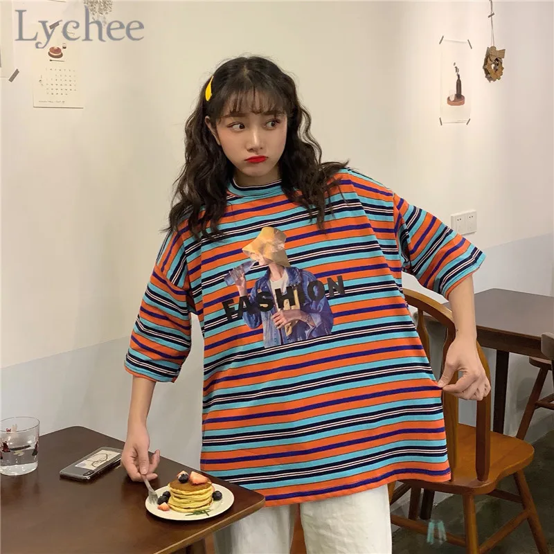 

Lychee Streetwear Character Letter Stripes Women T Shirt Short Sleeve Casual Loose T Shirts Summer Spring Tee Top Female