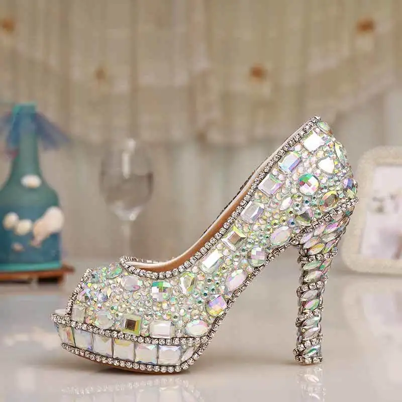 

2018 Sparkling Design Party Prom Shoes Handmade AB Crystal Peep Toe Wedding Dress Shoes Homecoming Prom High Heels Size 10
