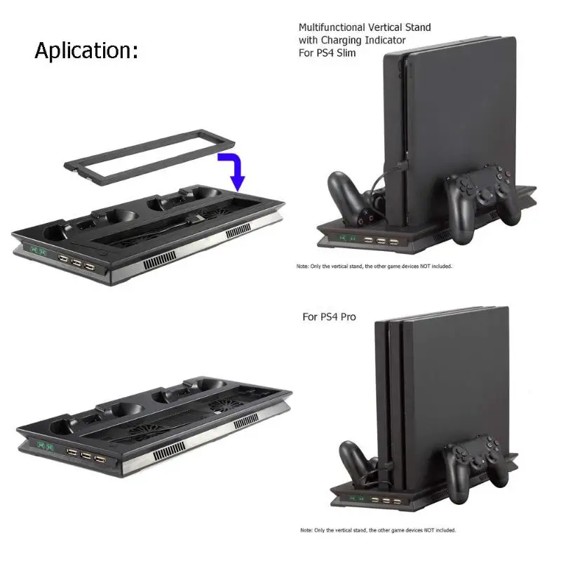 

Game Vertical Stand Dock Mount Game Console Support Base Holder Dual Cooling Fan with Charging State Indicator for PS4 Pro/Slim
