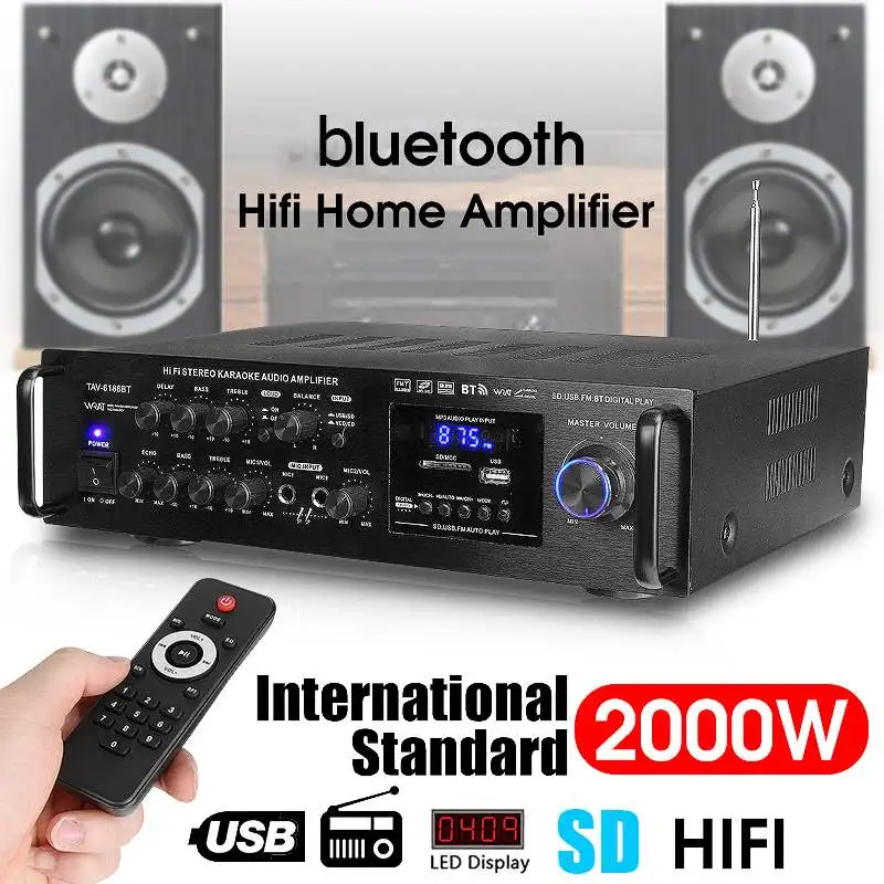 Baratos Amplificador de Audio Digital inalámbrico de 220 240V 2000W amplificador de Karaoke estéreo bluetooth de 4ohm 2 entrada de micrófono FM RC amplificador de cine en casa