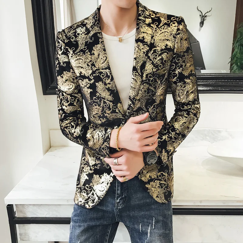 

Gold Floral Tide Male Blazer Slim Fit Casual Suit Jacket blazer masculino DJ Club Fahsion Catwalk Singer Party Men clothes