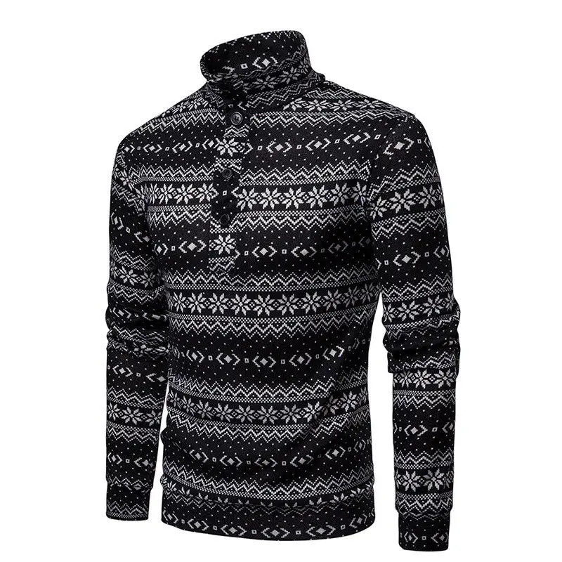 

Mens Half Button Cotton Turtleneck T shirts Male Winter Snowflake Print Undershirt tops Man Stretch Jumper Cltoth tshirt