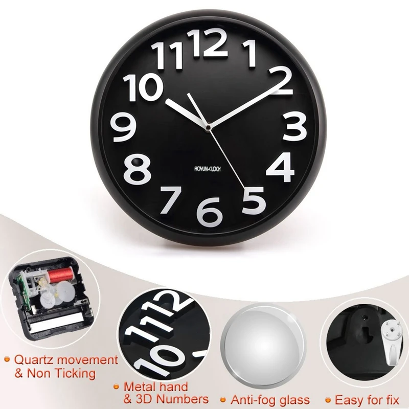 Настенные часы 13 дюймов с большими 3D номерами, бесшумный не тикающий Кварц декоративный круглые часы, на батарейках, легко читается