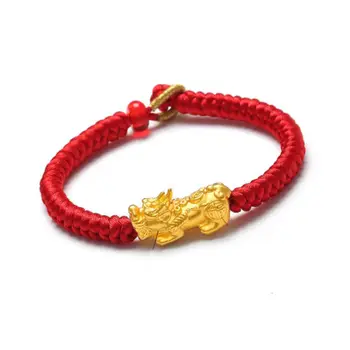 

Real 24k Yellow Gold Unisex 3D Lucky Bless Pixiu Red Rope Weave Bracelet 6.3