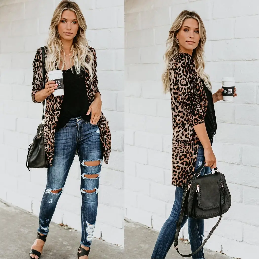 Women Casual Long Sleeve Leopard Print Button Open Front Cardigan Street Outdoor etc Spring Autumn Pocket |