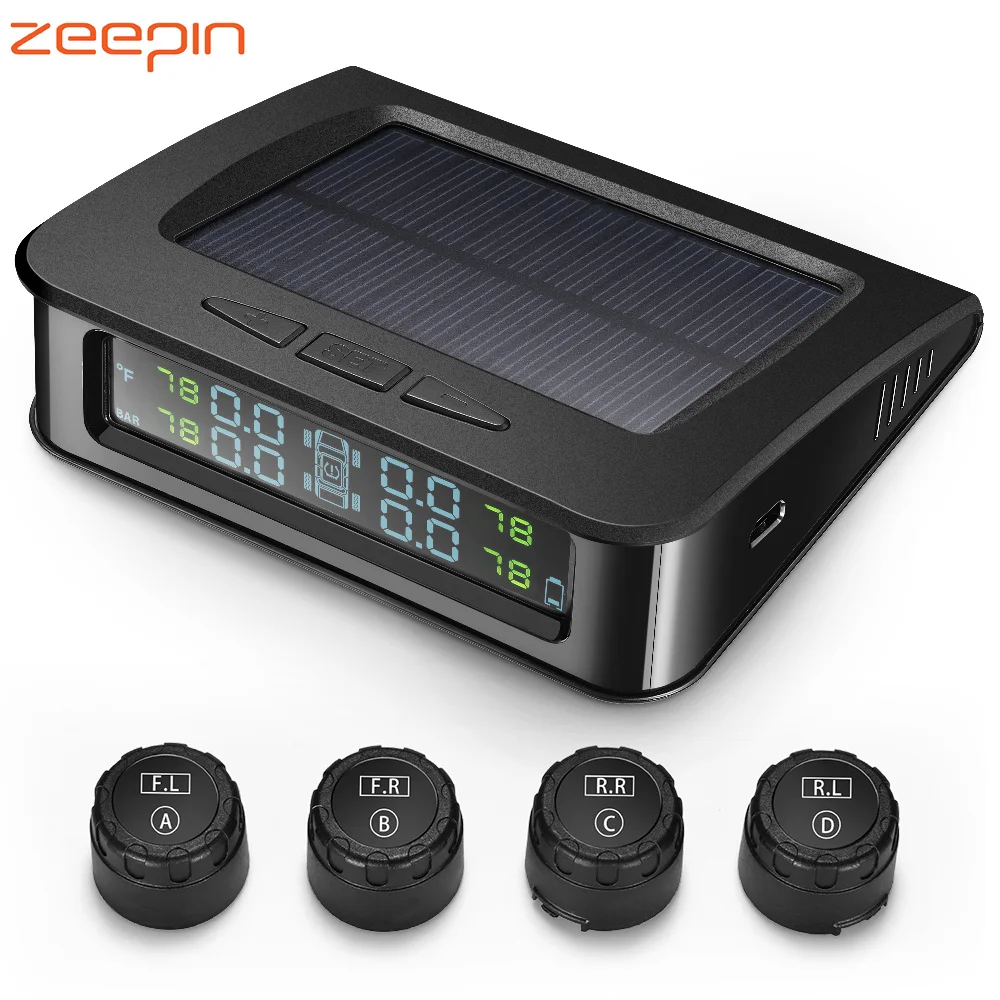 

ZEEPIN C220 Tyre Pressure Monitoring System Solar TPMS Real-time Voice Alarm IP67 Waterproof LCD Screen with 4 External Sensors