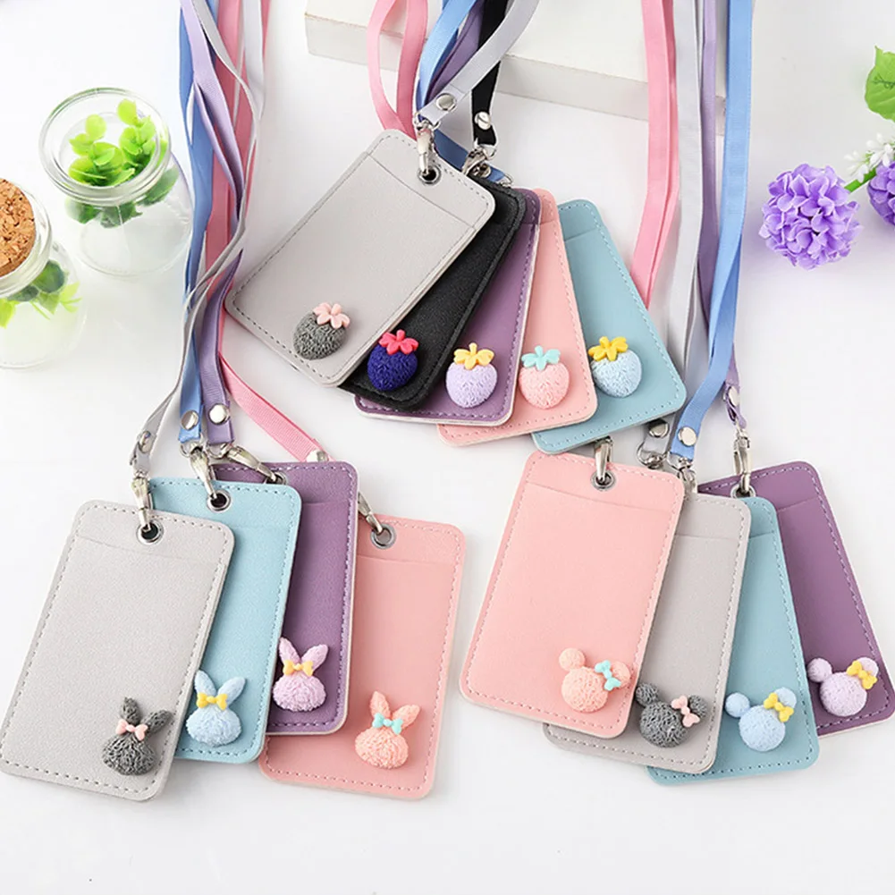 

1PC Candy Color Cartoon Cute PU Leather Credit Card Holder Lanyard Sweet Students Children Bus Badge ID Card Case Travel Wallet