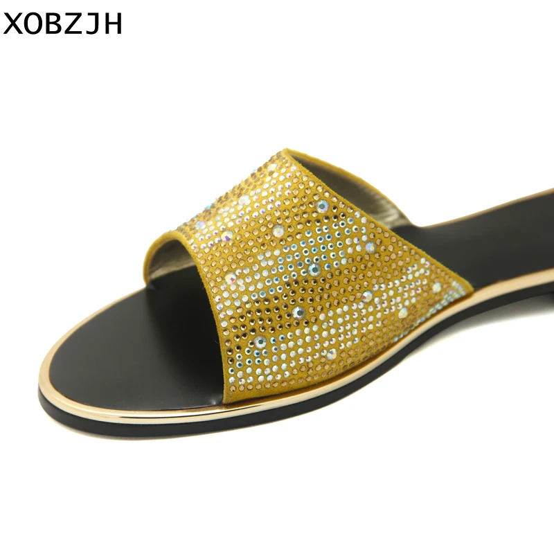 

XOBZJH 2019 Shoes Women Summer Flat Sandals New Fashion Luxury Marure Party Gold Rhinestone Ladies Peep-To Shoes Plus Size