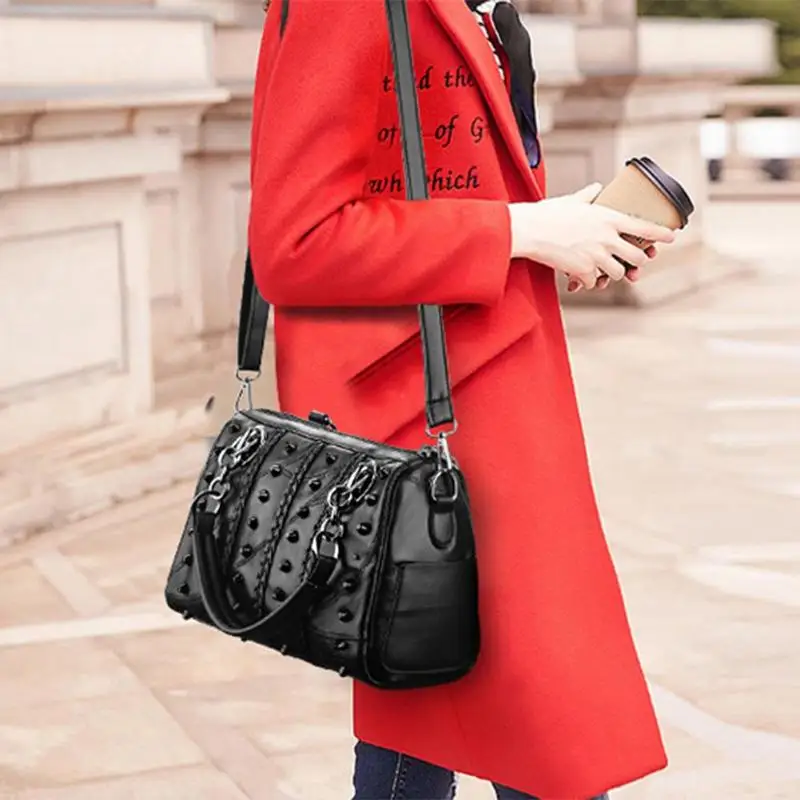 

Retro Style Sheepskin Rivet Bag Portable Solid Travel Women Shoulder Bags