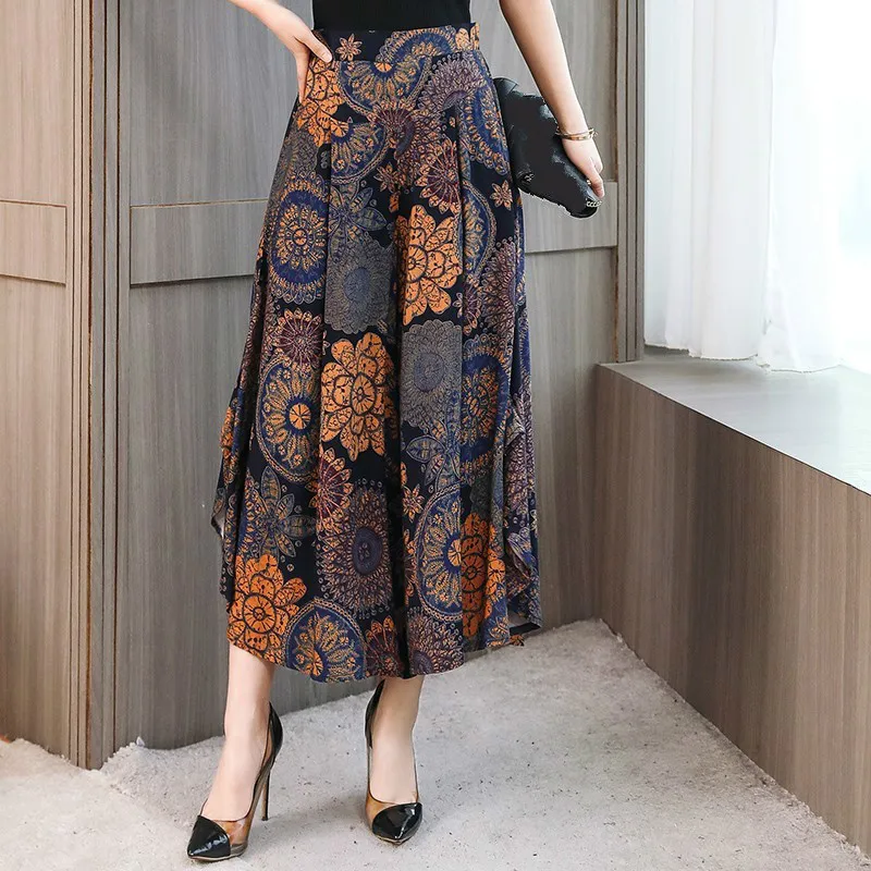 

New Fashion Women Wide Leg Pant Casual Floral Print Ankle-Length Pant Summer Female Eastic Waist Thin Pants Trousers Plus Size