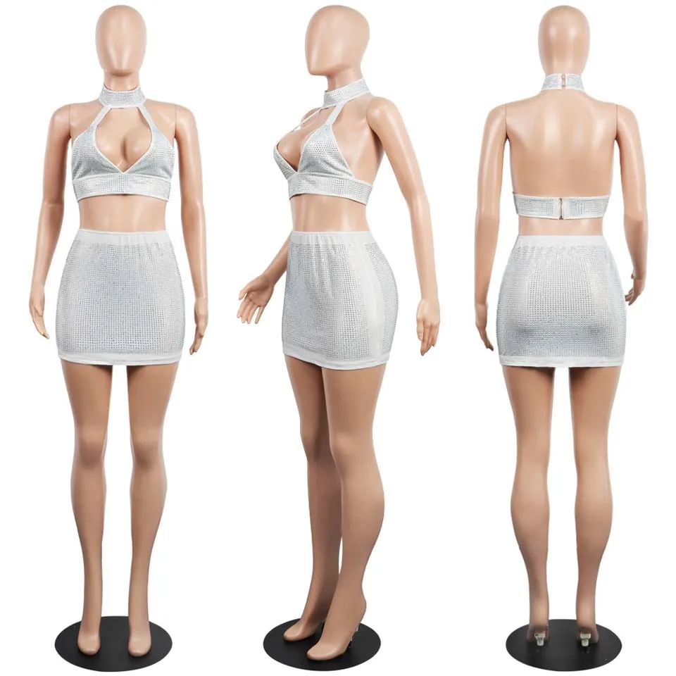 Karlofea Sexy Birthday Party Outfit – Shiny Rhinestone Two Piece Sleeveless Halter Dress Set – Low Neck Club Wear image 5