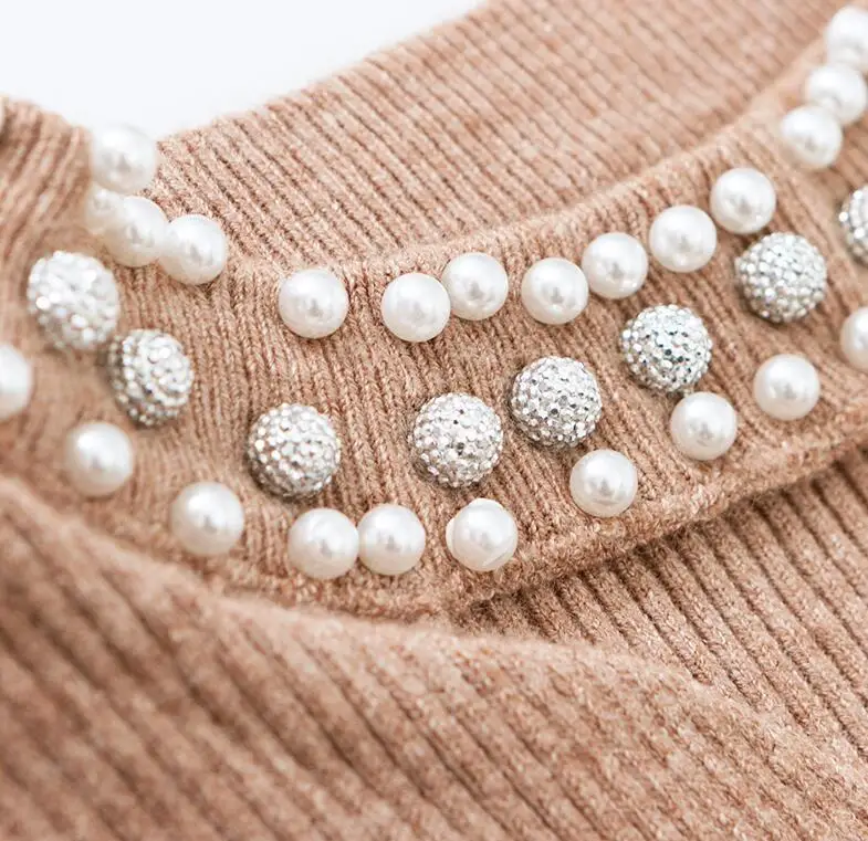 Best 2019 Autumn Winter Slim Pearls Pink Sweater Women Halter Knit Pullover Sweater Sexy Winter Tops Slim V Neck Long Sleeve Jumper
