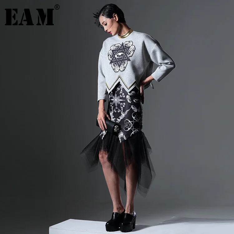

[EAM] New Customize Spring 2019 Fashion Tide Black Printed Perspective Mesh Two Pieces Loose Skirt Women AZK557