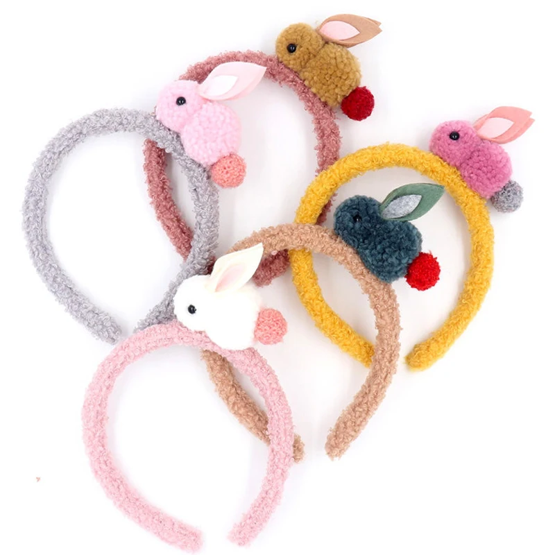

New handmade animal cartoon headband plush rabbit design cute unique headdress girl pompom rubber bands 6 color hair accessories