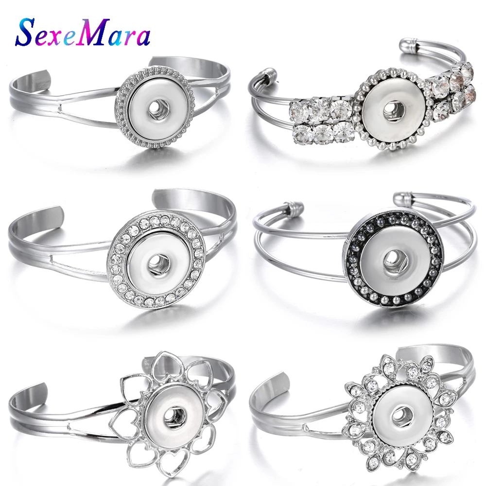 

New Snap Jewelry Metal Silver Snap Button Bracelet Fit 18mm Snap Buttons Jewelry Charms Bracelets for Women Open Cuff Bangles