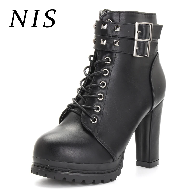

NIS Punk Rivet Ankle Boots Women Shoes Woman High Heels Knight Boots Gothic Motorcycle Platform Shoes Ladies Booties New Fashion