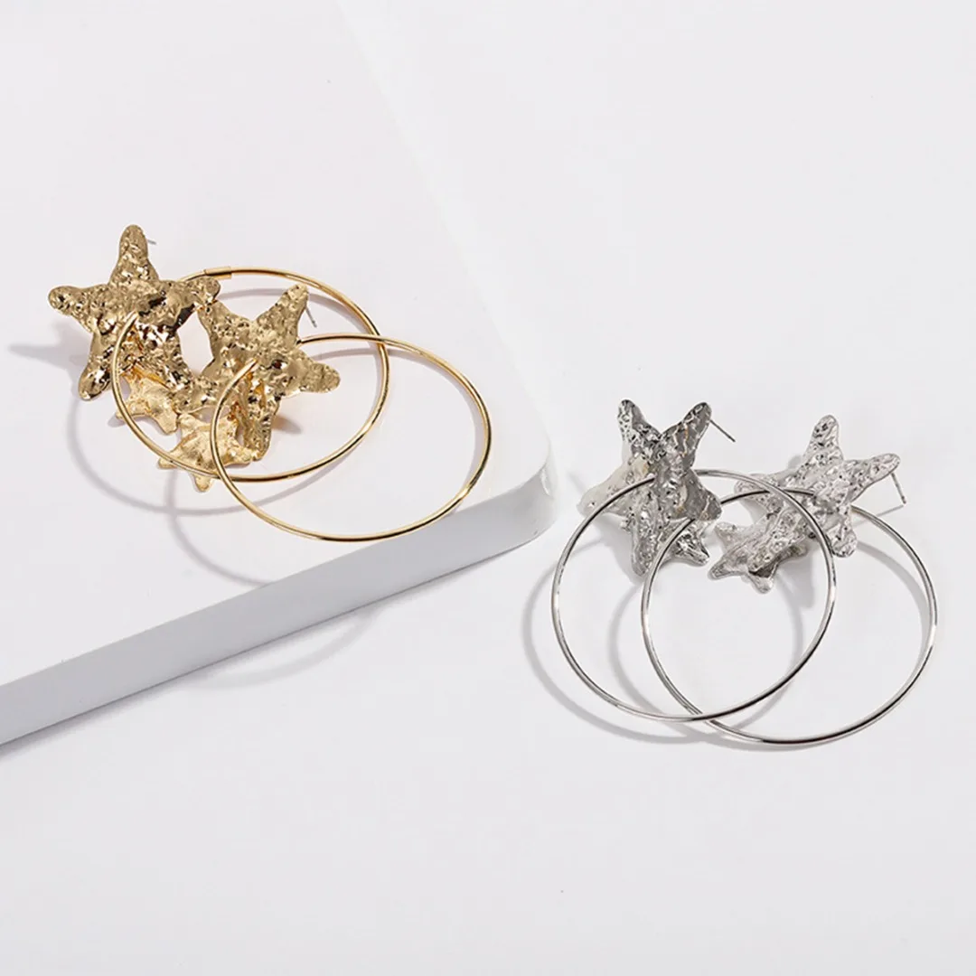

Punk Rock Metal Star Earring Large Round Circle Hoop Earring For Women Trendy Jewelry Shellhard Silver Gold Geometric Earring