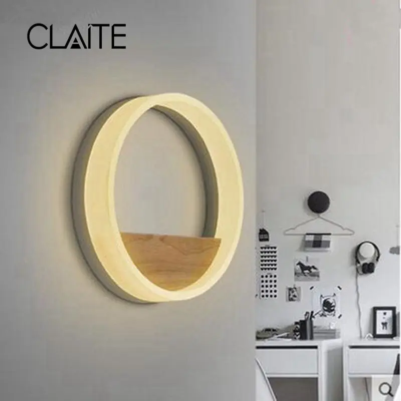 

CLAITE 13W SMD2835 Modern Round Acrylic Wood Wall Light Sconce Bedroom Restaurant Bar Home Decoration